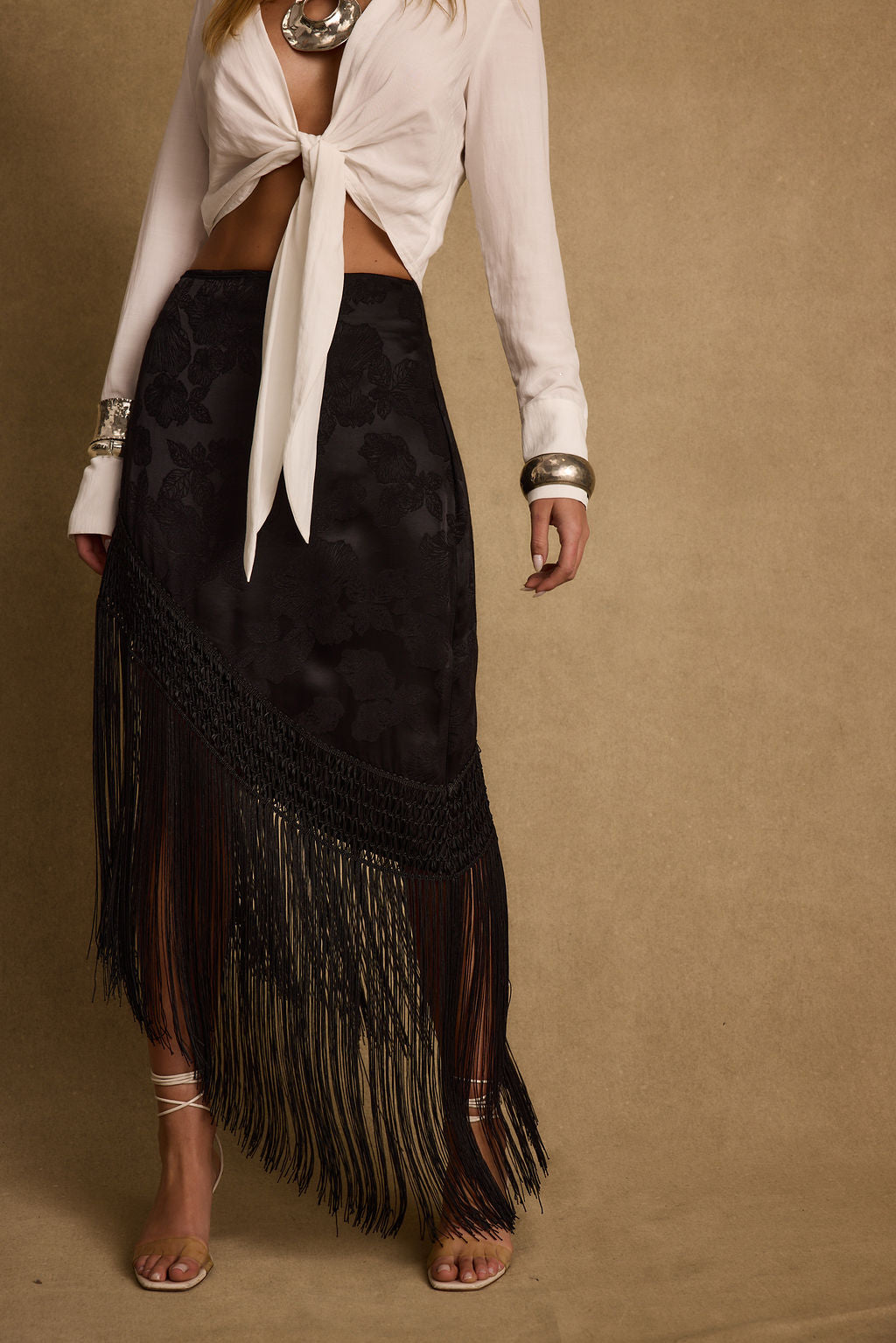 Frankie Black Satin Jacquard Fringe Midi Skirt