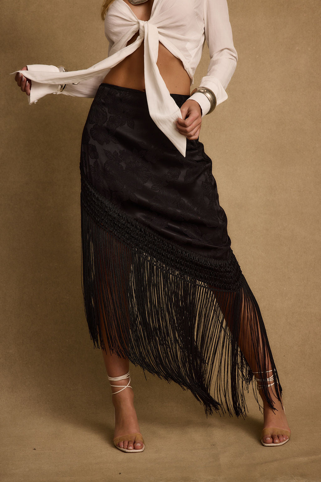 Frankie Black Satin Jacquard Fringe Midi Skirt