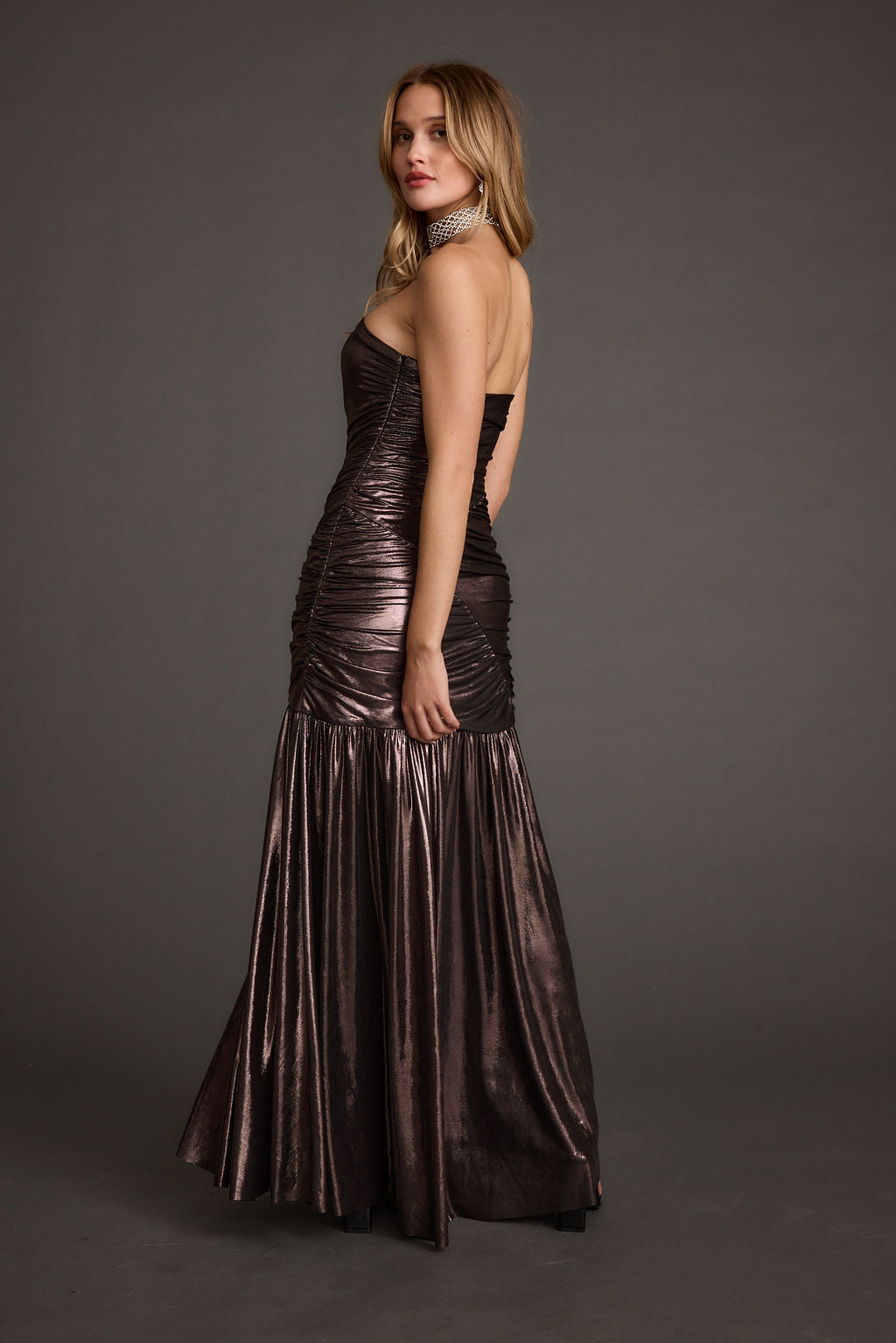 LaBelle Gunmetal Metallic Drop Waist Maxi Dress