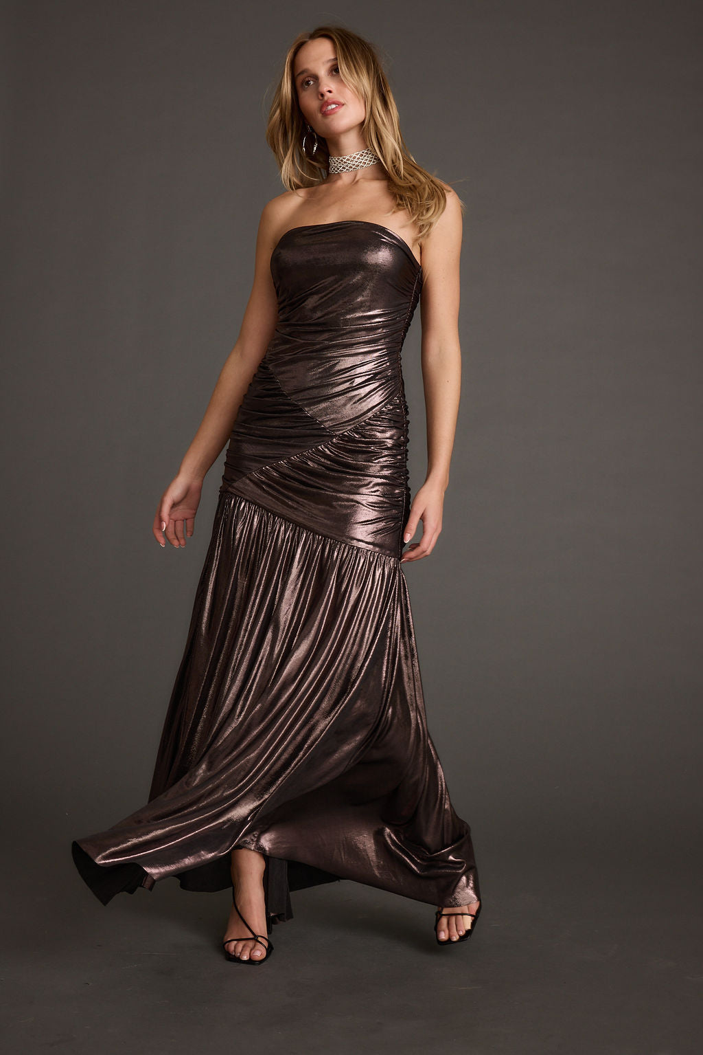 LaBelle Gunmetal Metallic Drop Waist Maxi Dress