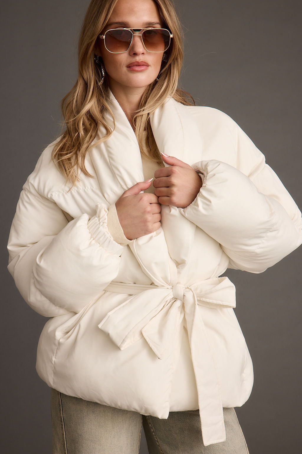 Maverick White Belted Puffer Coat