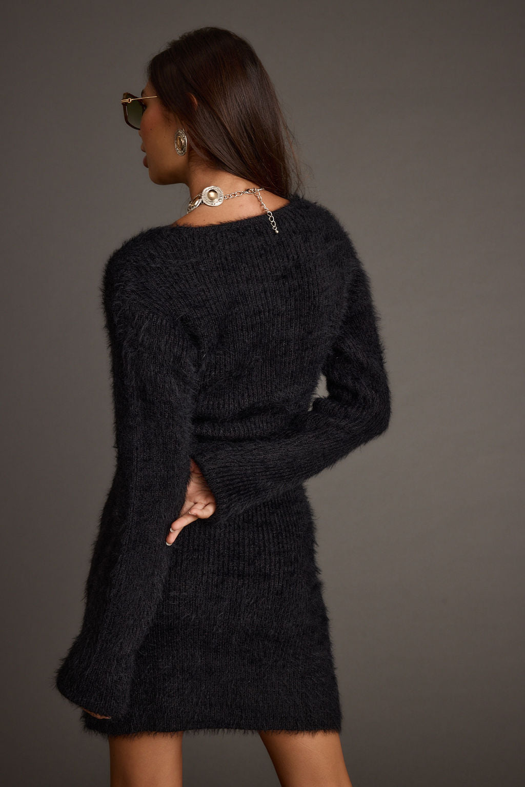 Shiloh Black V-Neck Sweater Mini Dress