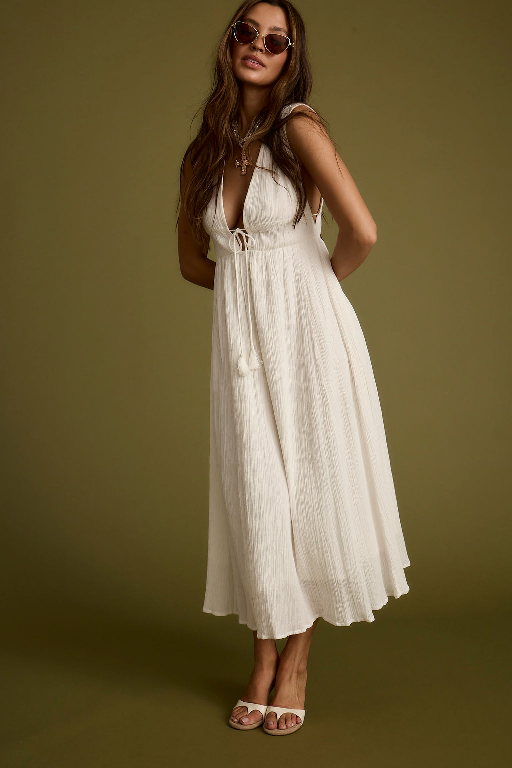 Turks Plunge White Gauze Maxi Dress